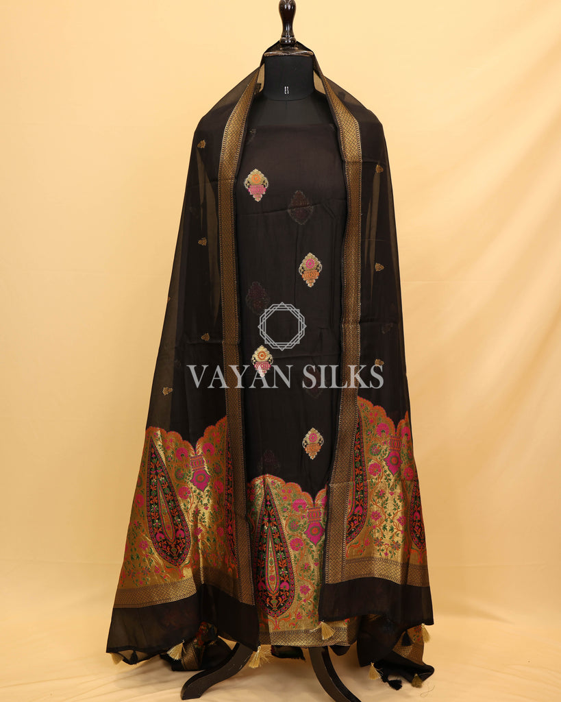 Black Pure Organza Tilfi Banarasi Silk Unstitched Suit Set