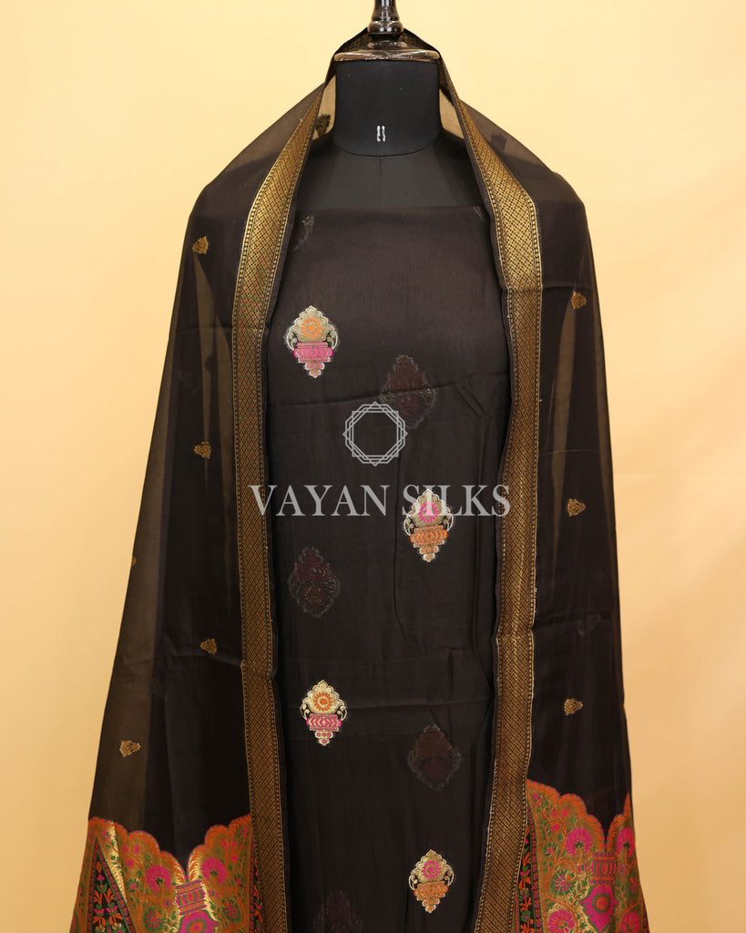 Black Pure Organza Tilfi Banarasi Silk Unstitched Suit Set