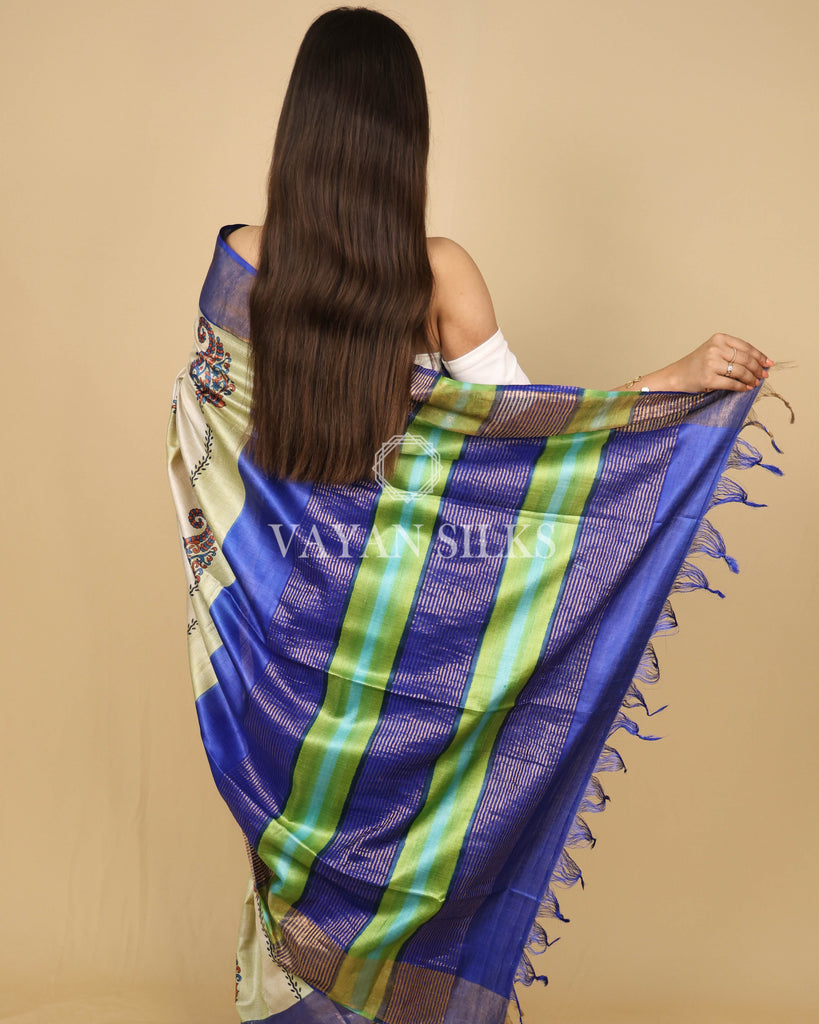 Blue Beige Printed Pure Tussar Silk Saree