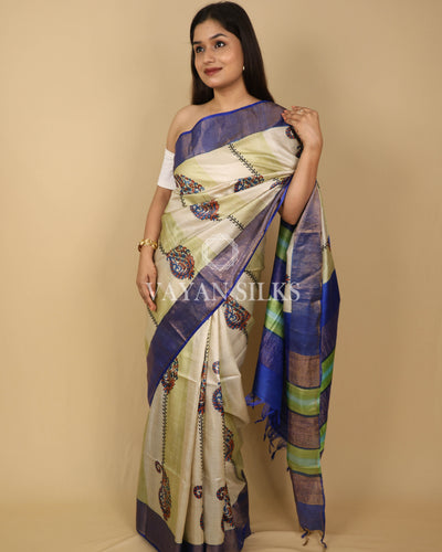 Blue Beige Printed Pure Tussar Silk Saree