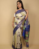 Blue Beige Printed Pure Tussar Silk Saree