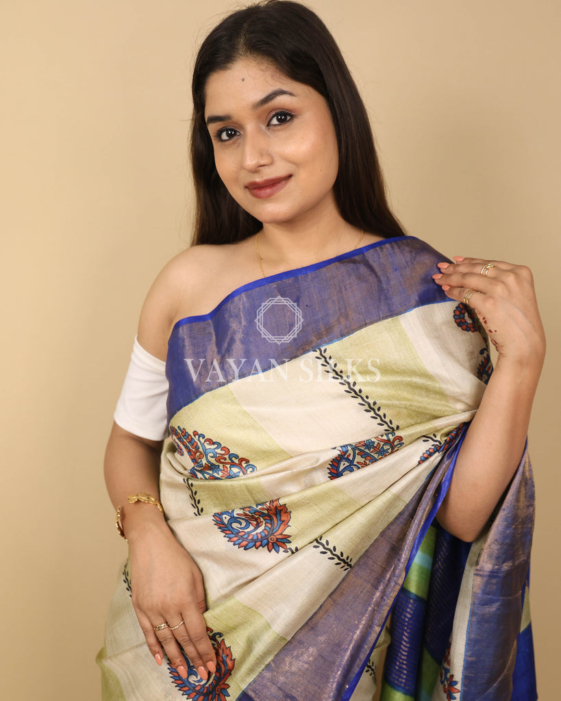 Blue Beige Printed Pure Tussar Silk Saree