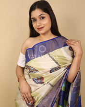 Load image into Gallery viewer, Blue Beige Printed Pure Tussar Silk Saree