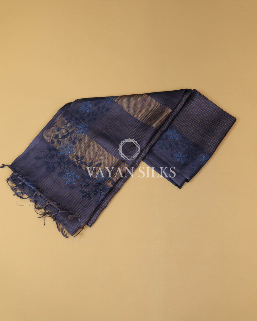 Blue Embroidered Pure Tussar Silk Saree