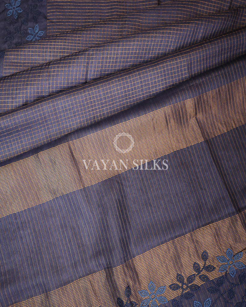 Blue Embroidered Pure Tussar Silk Saree