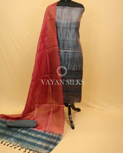 Load image into Gallery viewer, Blue Grey Maroon Tussar Silk Unstitched Suit Set