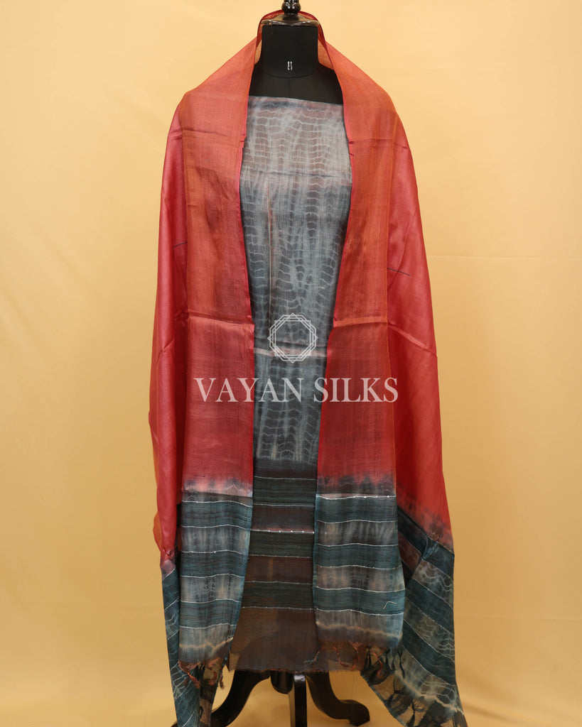 Blue Grey Maroon Tussar Silk Unstitched Suit Set