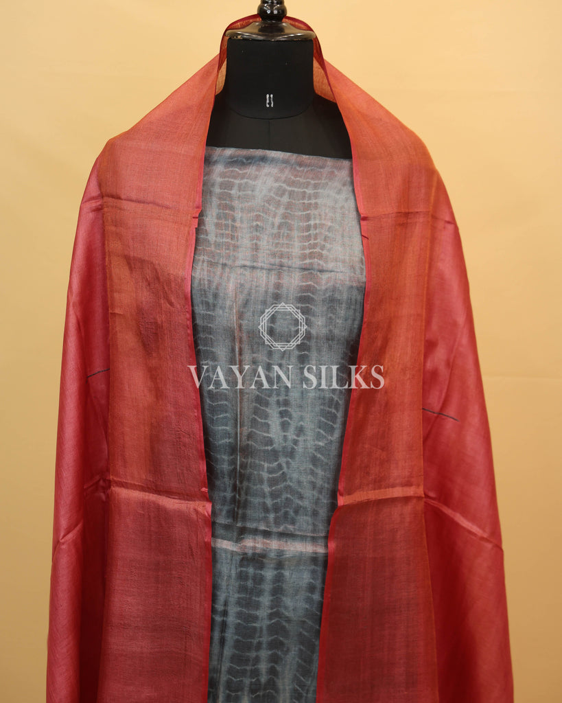 Blue Grey Maroon Tussar Silk Unstitched Suit Set