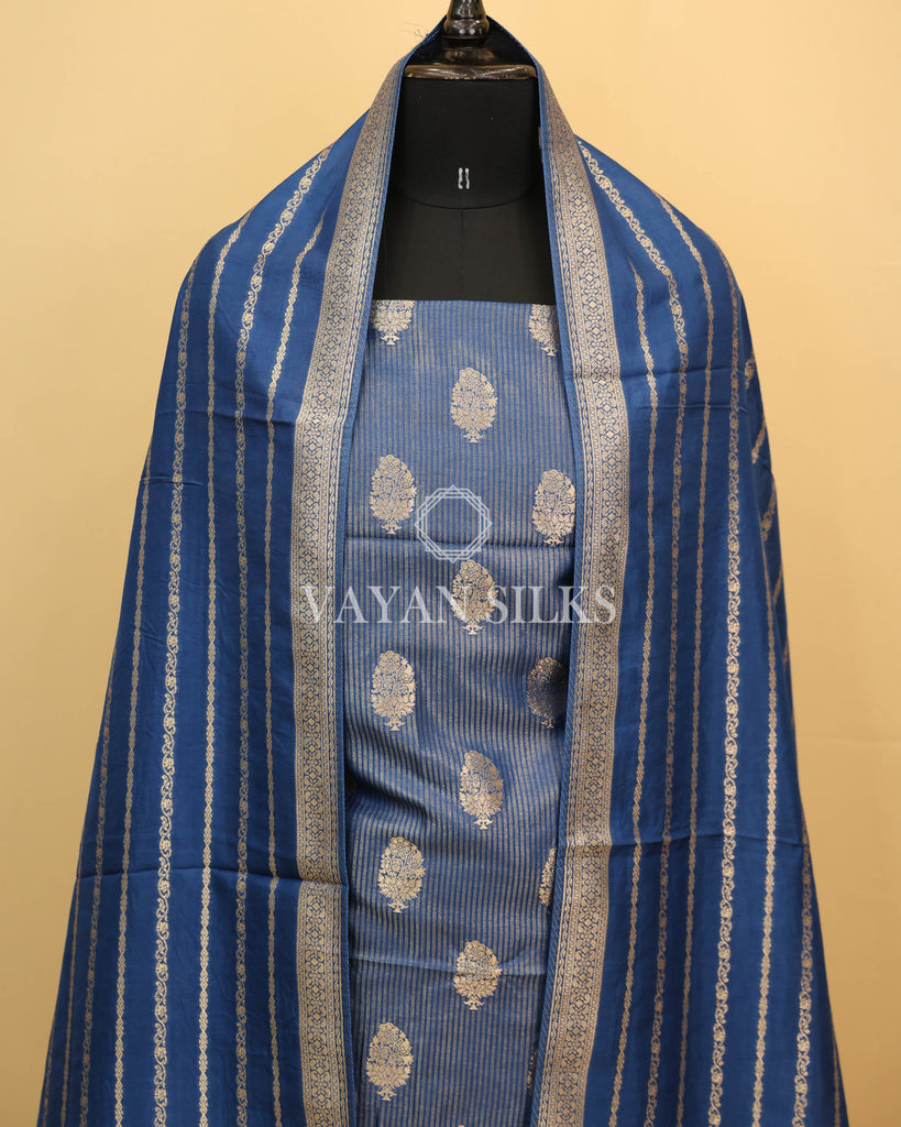 Blue Pure Chiniya Banarasi Silk Unstitched Suit Set