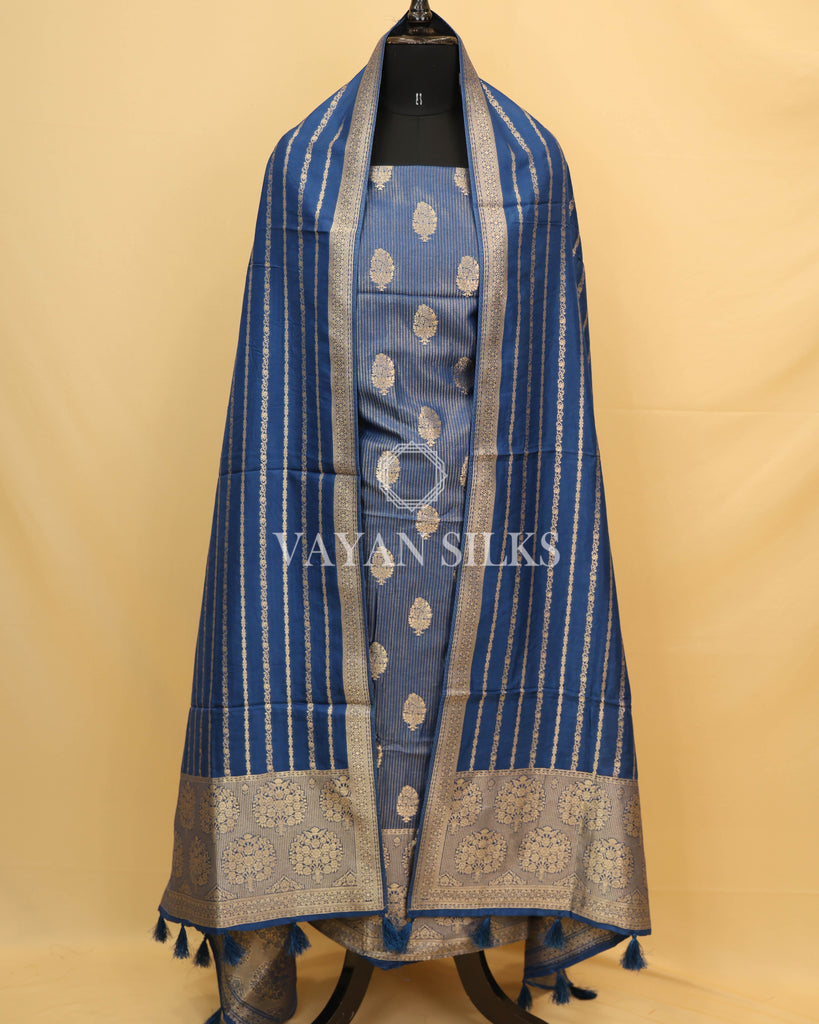 Blue Pure Chiniya Banarasi Silk Unstitched Suit Set