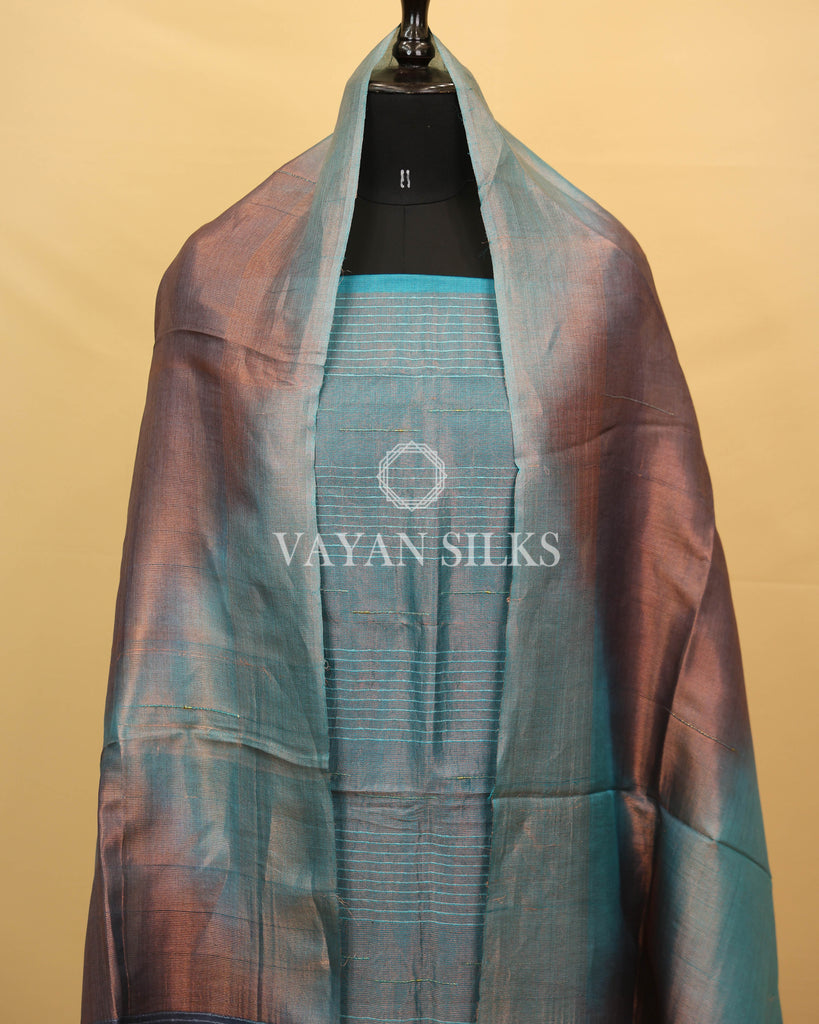 Blue Pure Tussar Tissue Silk Unstitched Suit Set