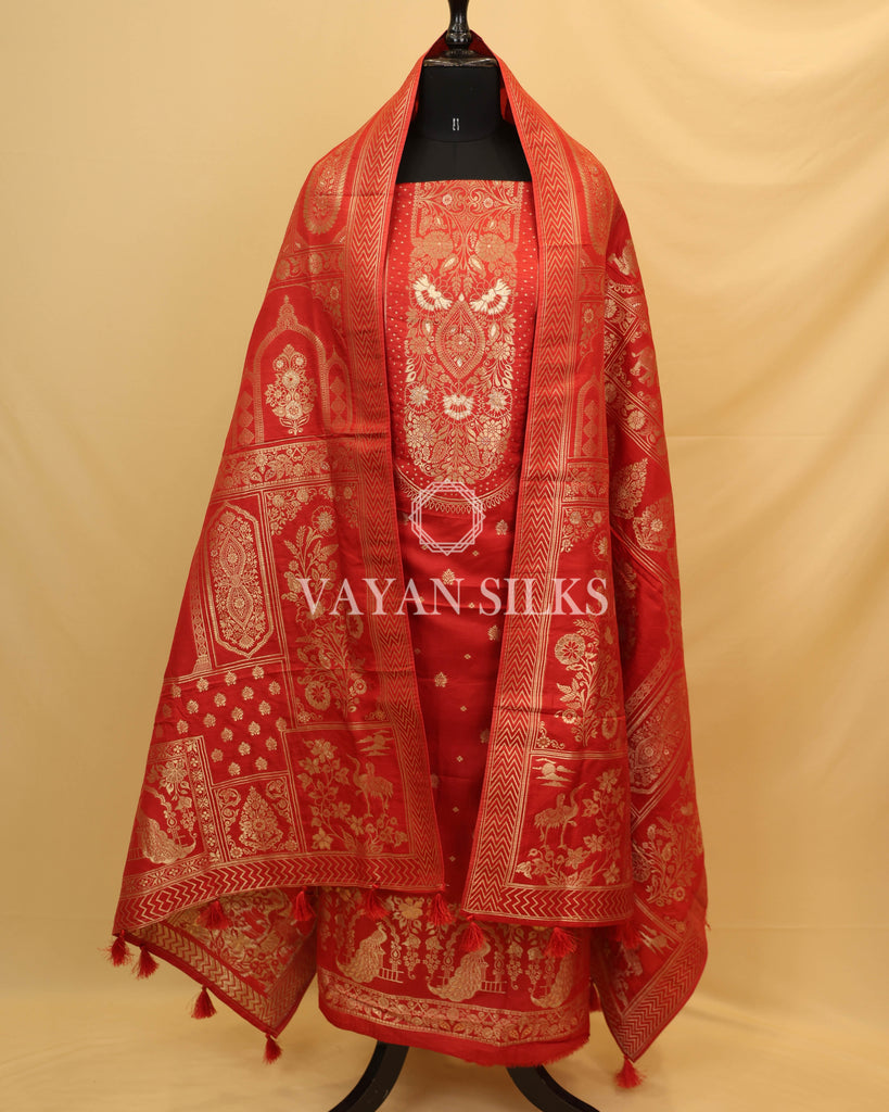 Brick Red Chiniya Banarasi Silk Unstitched Suit Set