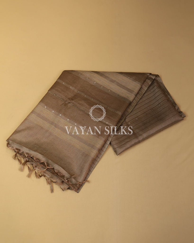 Brown Pure Tussar Tissue Silk Saree