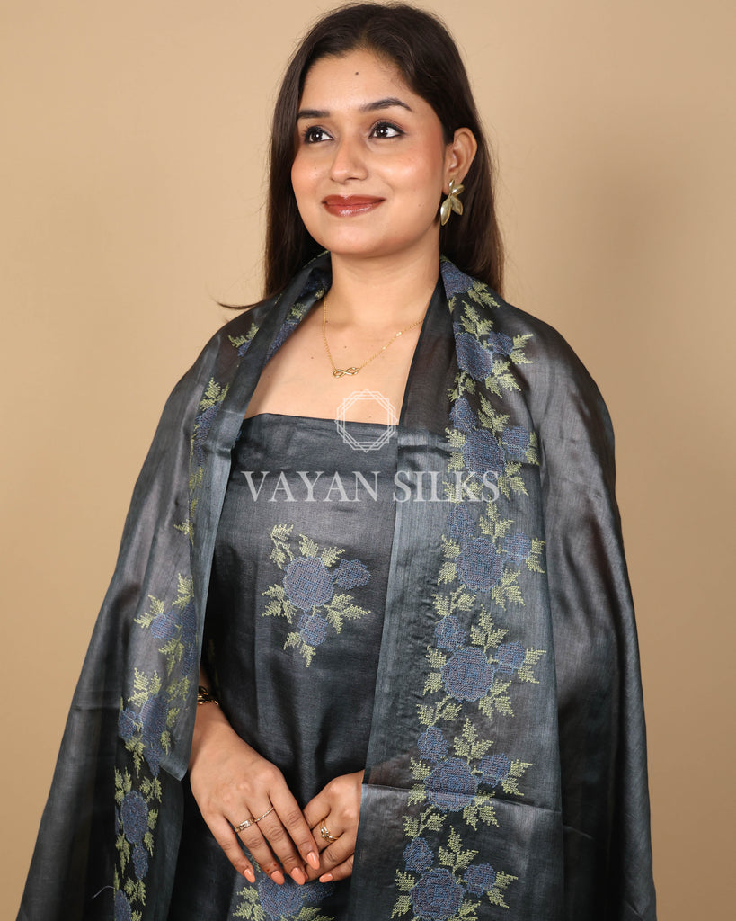 Charcoal Grey Embroidered Pure Tussar Silk Unstitched Suit Set