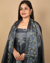 Load image into Gallery viewer, Charcoal Grey Embroidered Pure Tussar Silk Unstitched Suit Set