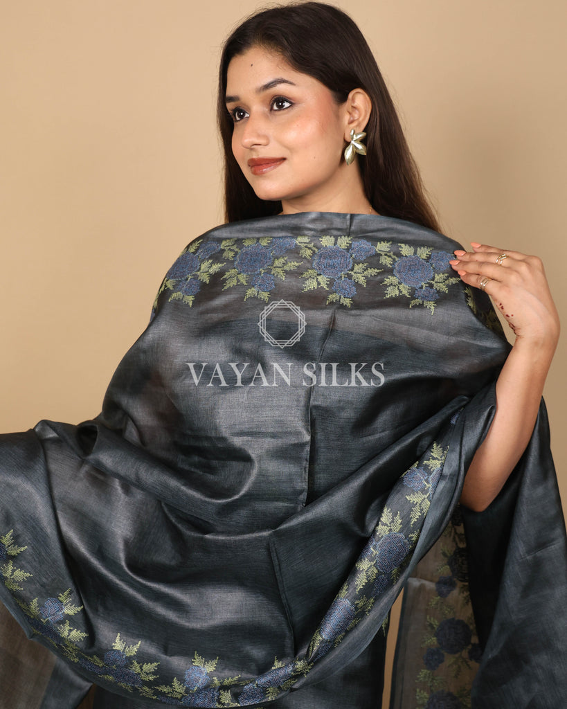 Charcoal Grey Embroidered Pure Tussar Silk Unstitched Suit Set