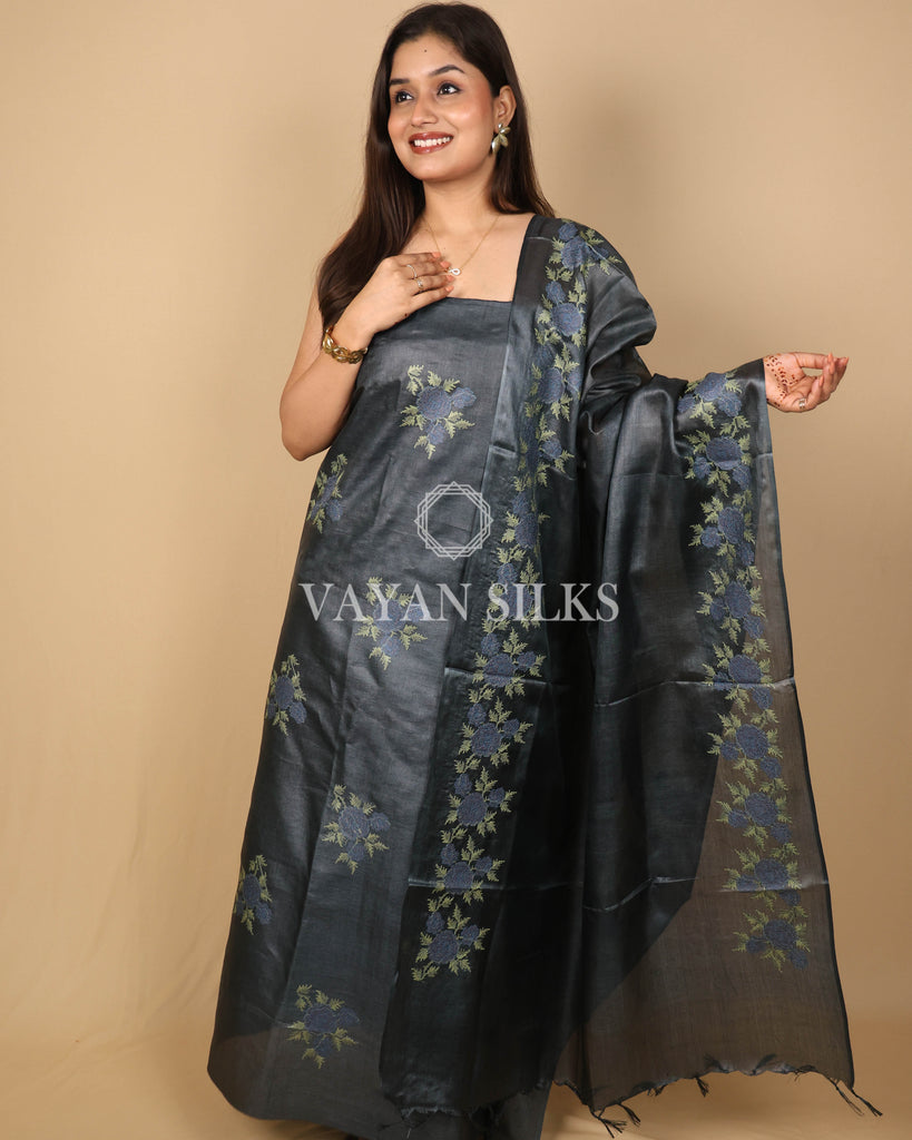 Charcoal Grey Embroidered Pure Tussar Silk Unstitched Suit Set