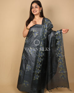 Charcoal Grey Embroidered Pure Tussar Silk Unstitched Suit Set