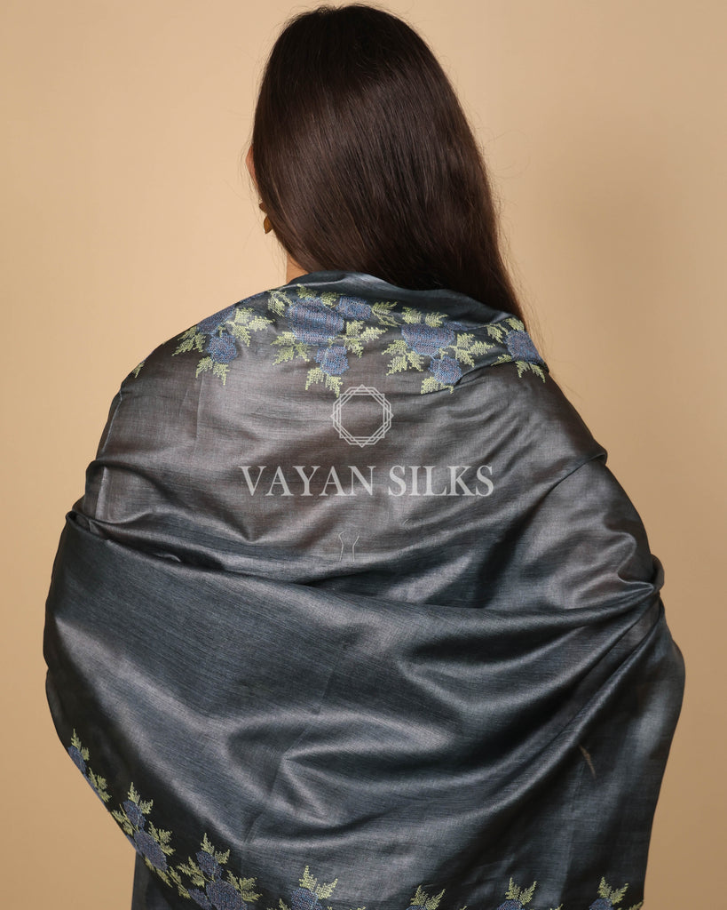 Charcoal Grey Embroidered Pure Tussar Silk Unstitched Suit Set