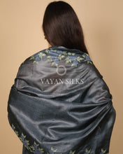 Load image into Gallery viewer, Charcoal Grey Embroidered Pure Tussar Silk Unstitched Suit Set
