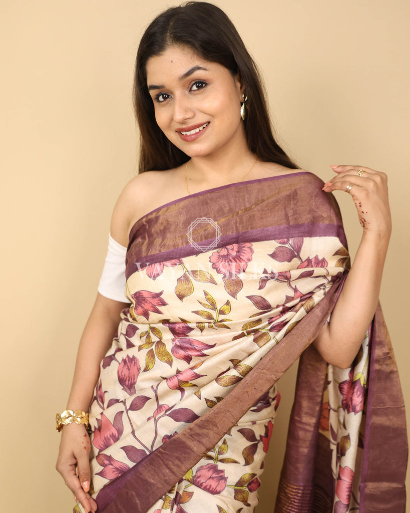 Chocolate Brown Beige Printed Pure Tussar Silk Saree