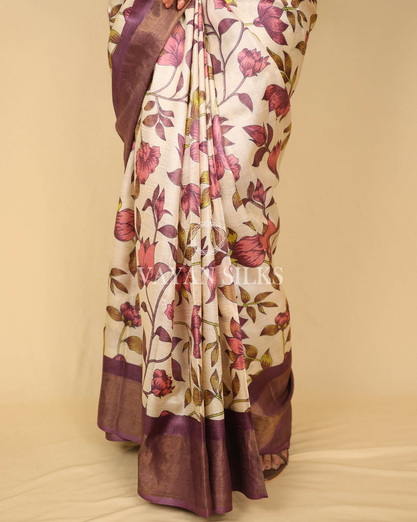 Chocolate Brown Beige Printed Pure Tussar Silk Saree