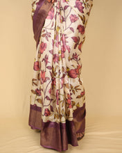 Load image into Gallery viewer, Chocolate Brown Beige Printed Pure Tussar Silk Saree