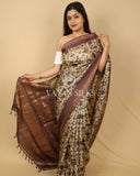Chocolate Brown Beige Printed Pure Tussar Silk Saree