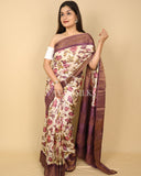 Chocolate Brown Beige Printed Pure Tussar Silk Saree