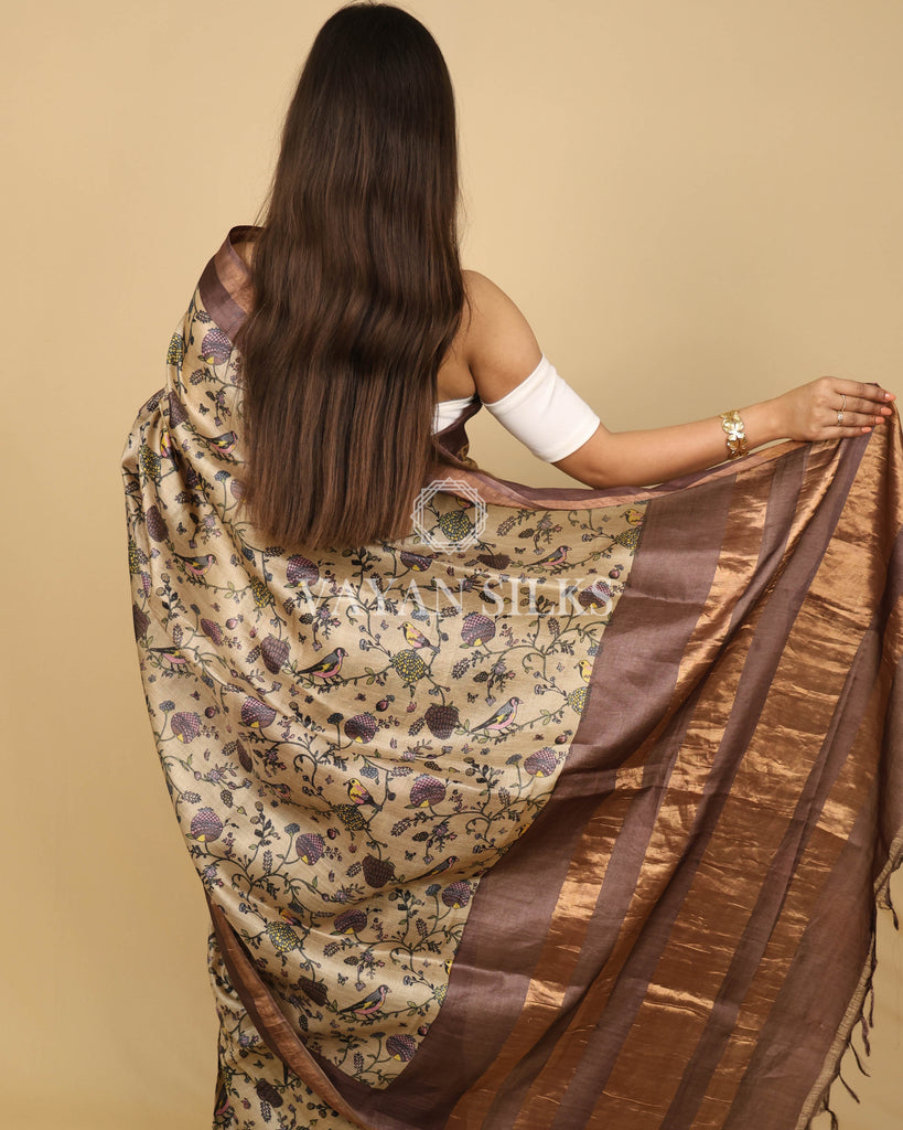 Chocolate Brown Beige Printed Pure Tussar Silk Saree