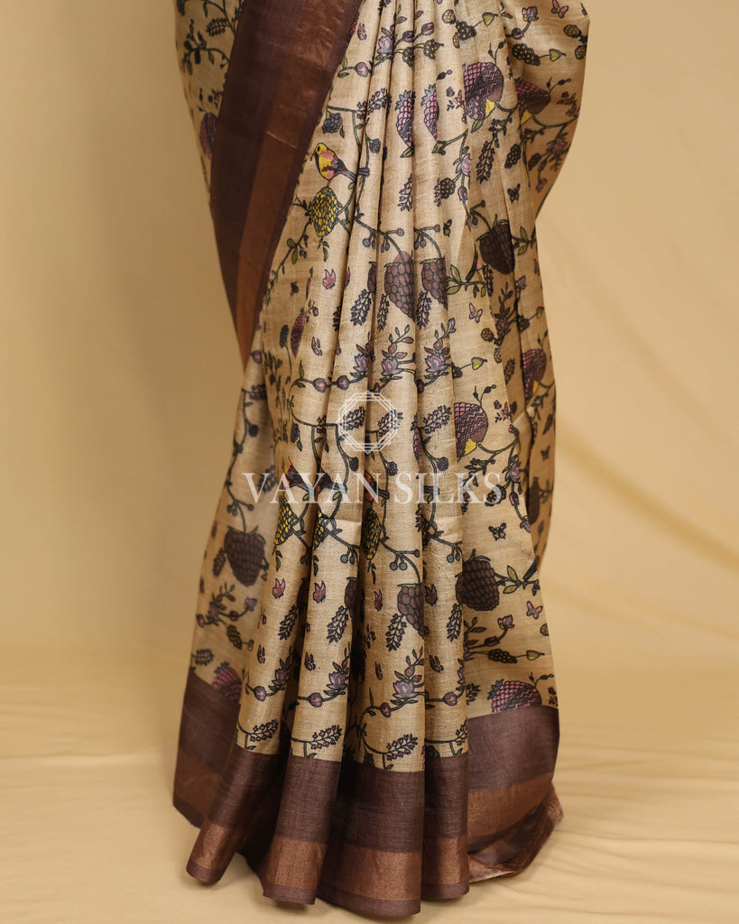 Chocolate Brown Beige Printed Pure Tussar Silk Saree