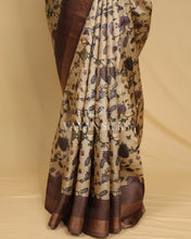 Load image into Gallery viewer, Chocolate Brown Beige Printed Pure Tussar Silk Saree