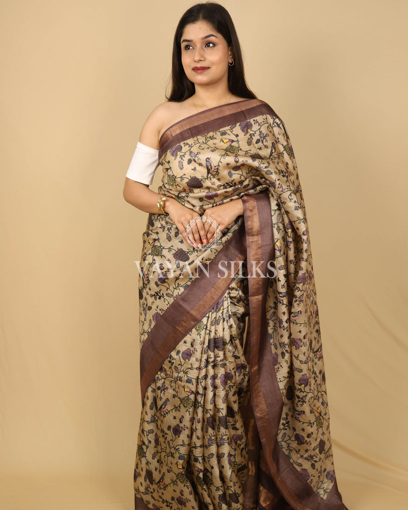 Chocolate Brown Beige Printed Pure Tussar Silk Saree