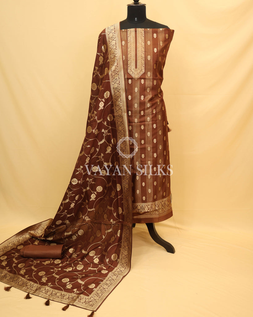 Chocolate Brown Pure Chiniya Banarasi Silk Unstitched Suit Set