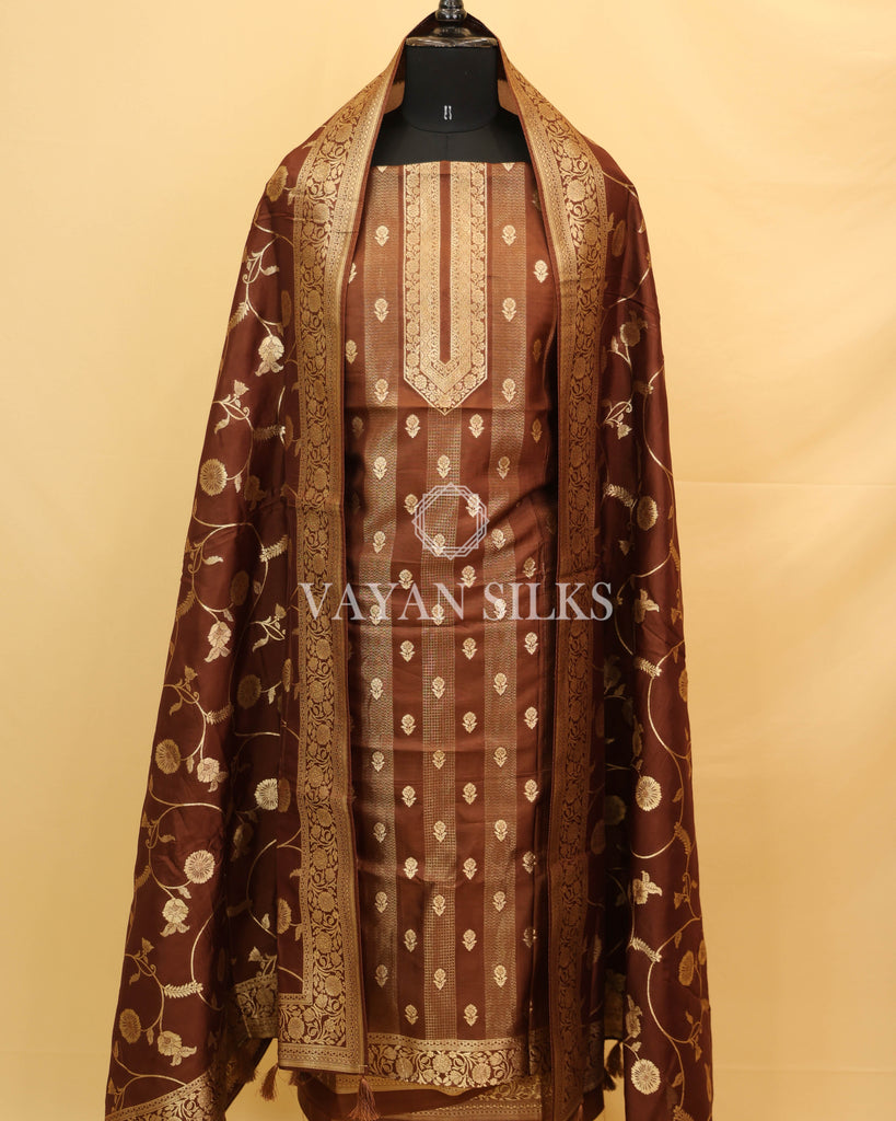 Chocolate Brown Pure Chiniya Banarasi Silk Unstitched Suit Set