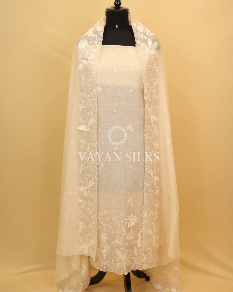 Cream Pure Mul Banarasi Silk Unstitched Suit Set