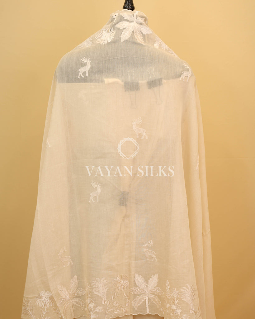 Cream Pure Mul Banarasi Silk Unstitched Suit Set