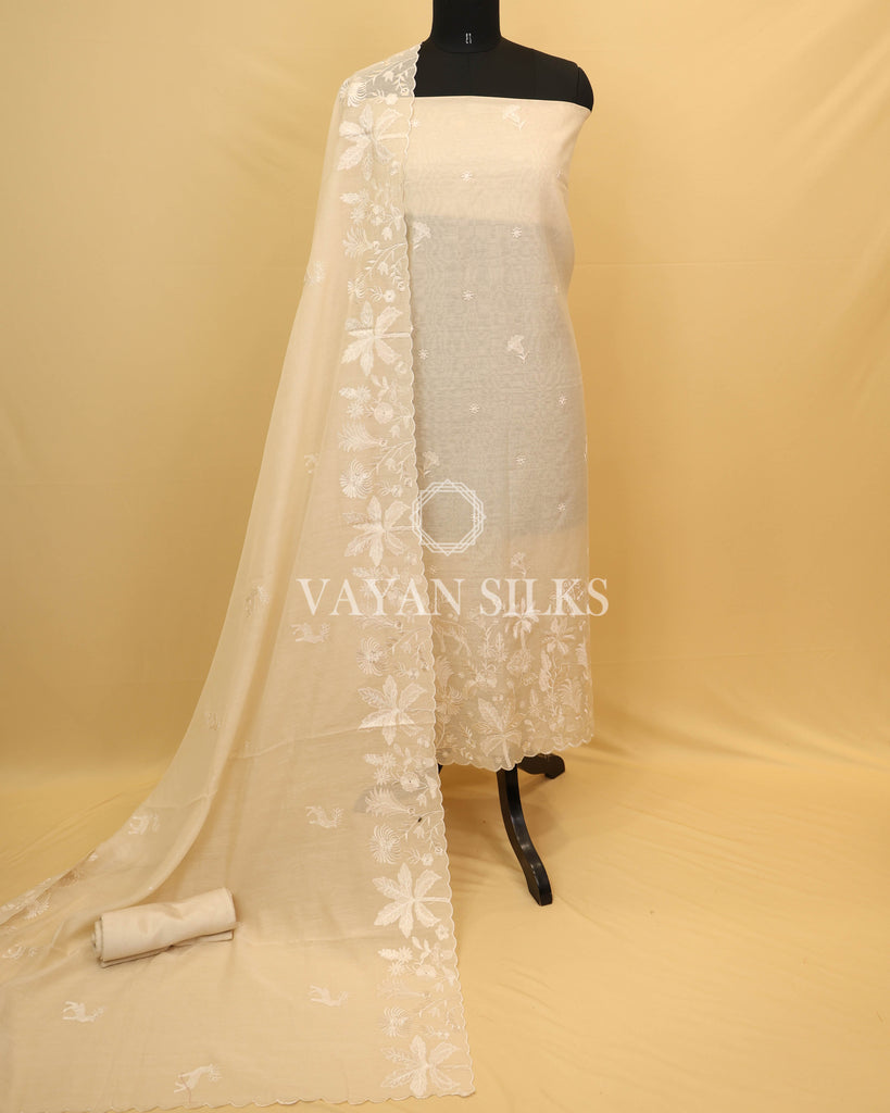 Cream Pure Mul Banarasi Silk Unstitched Suit Set