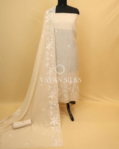 Cream Pure Mul Banarasi Silk Unstitched Suit Set