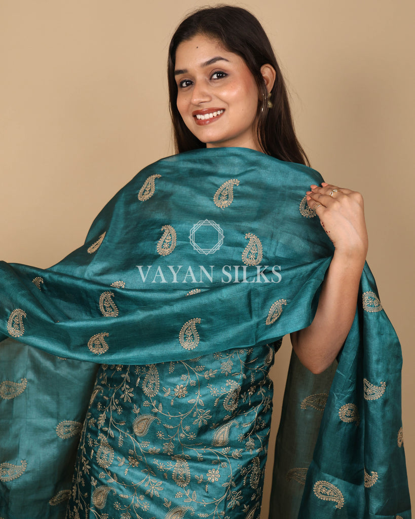 Dark Green Embroidered Pure Tussar Silk Unstitched Suit Set