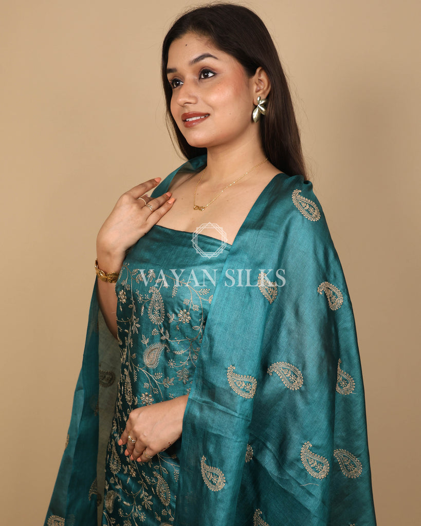 Dark Green Embroidered Pure Tussar Silk Unstitched Suit Set