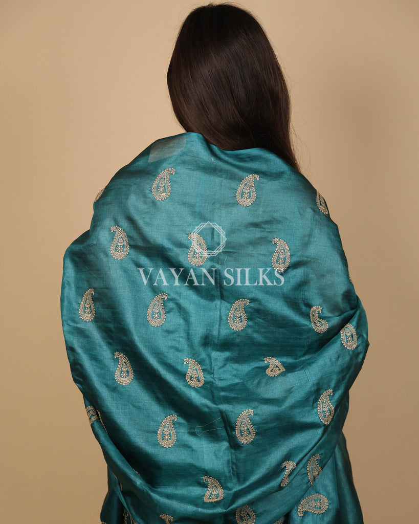 Dark Green Embroidered Pure Tussar Silk Unstitched Suit Set