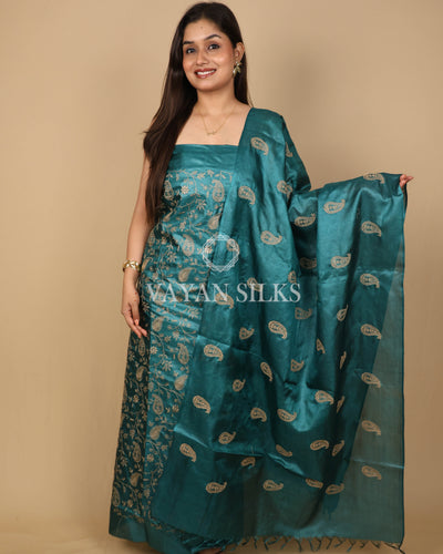Dark Green Embroidered Pure Tussar Silk Unstitched Suit Set
