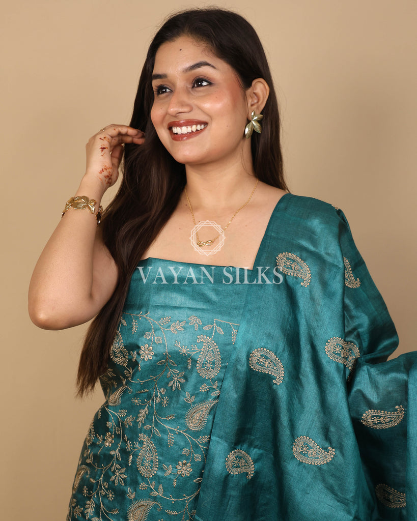 Dark Green Embroidered Pure Tussar Silk Unstitched Suit Set