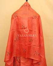 Load image into Gallery viewer, Dark Peach Embroidered Pure Tussar Silk Unstitched Suit Set