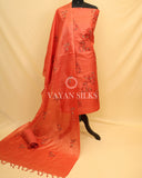 Dark Peach Embroidered Pure Tussar Silk Unstitched Suit Set