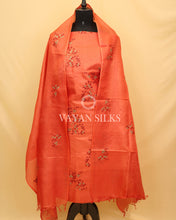 Load image into Gallery viewer, Dark Peach Embroidered Pure Tussar Silk Unstitched Suit Set