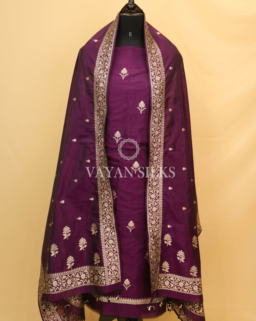 Dark Purple Banarasi Silk Unstitched Suit Set