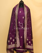 Load image into Gallery viewer, Dark Purple Banarasi Silk Unstitched Suit Set