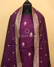 Load image into Gallery viewer, Dark Purple Banarasi Silk Unstitched Suit Set